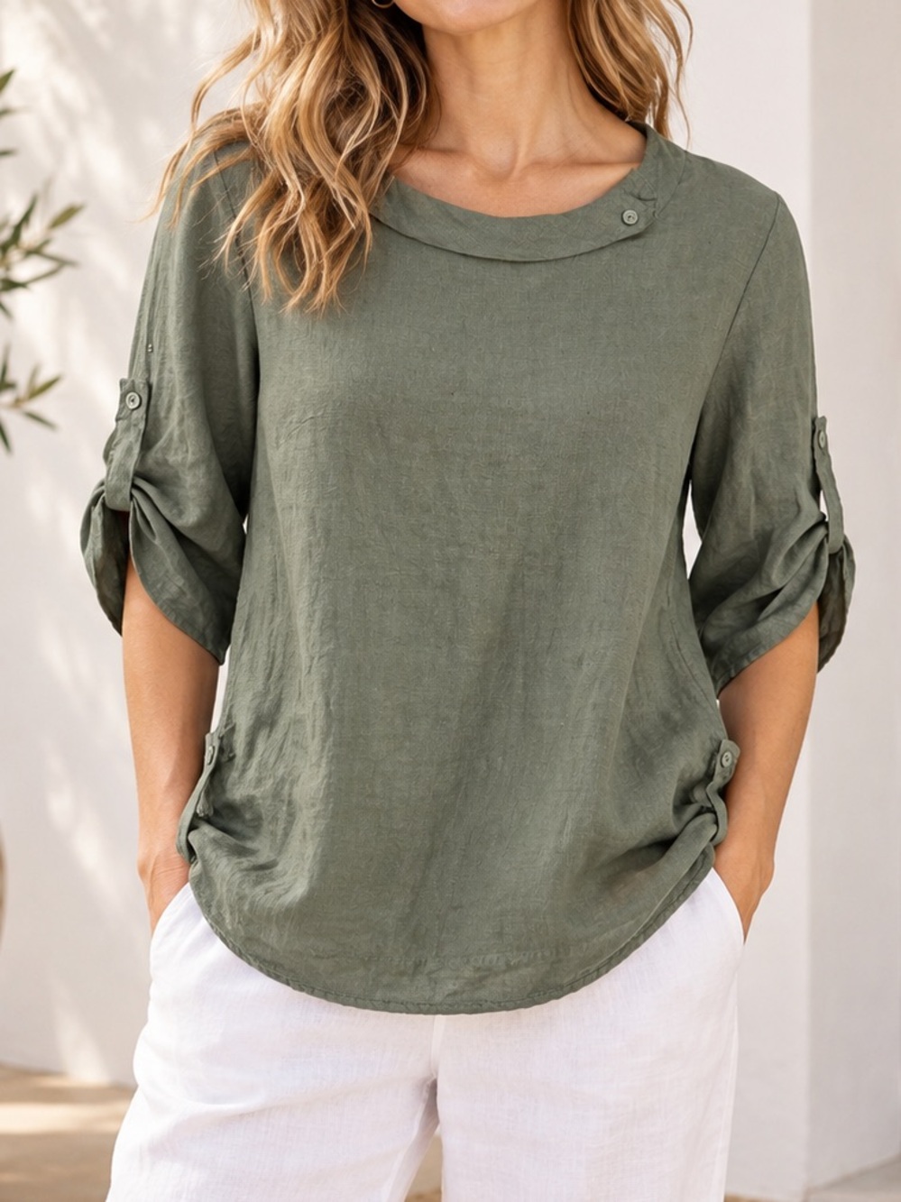 Lina Tomei Made in Italy Linen Tunic Top Size M Military Olive Green